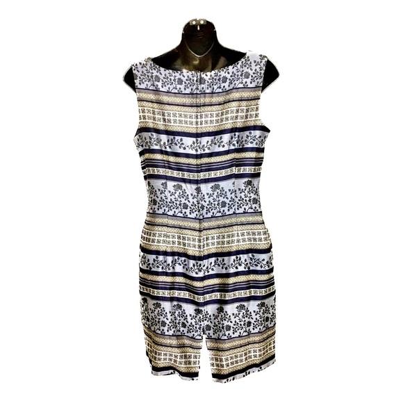 Vintage 90s John Roberts Classic Sheath Dress Silk-Like Blue Black Vine - Size 8 - Picture 2 of 7